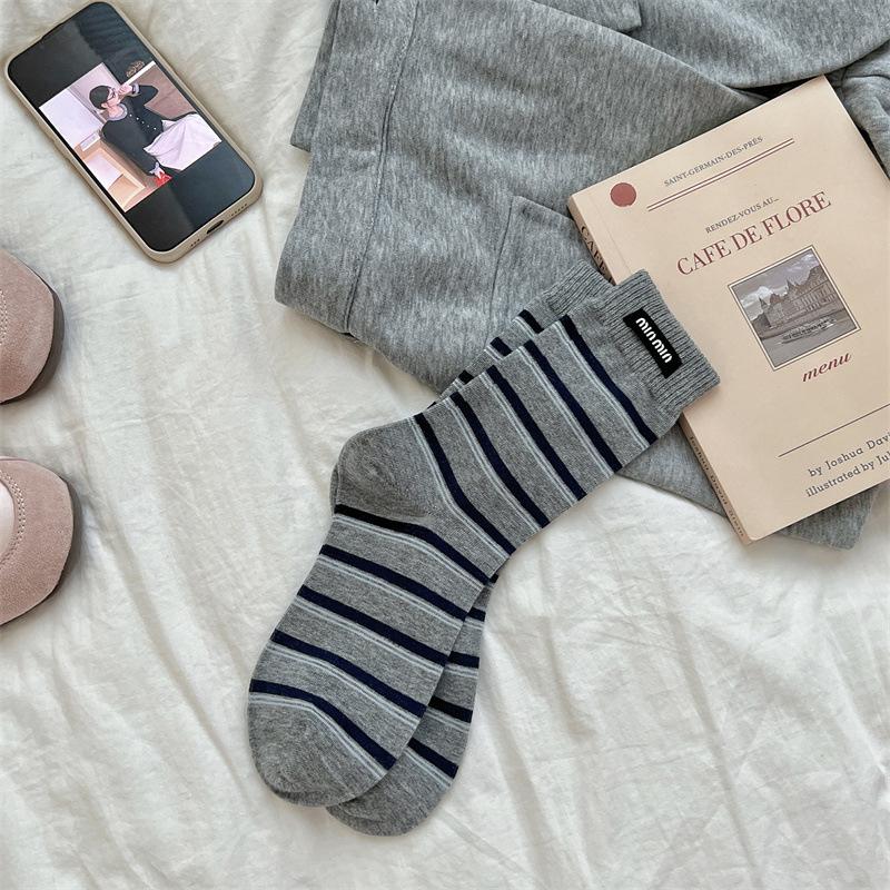 Gestreifte Stoffetikett Socken, Damen Mittelschaftsocken, Trendige Reine Baumwolle Frühling und Herbst Color-Blocked Socken, Winter Frottee Lange Socken