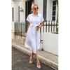 European and American Commuters' Young Polo Collar Single Breasted White Elastic Waistband Lace-up Split Short Sleeve Dress Women Dress