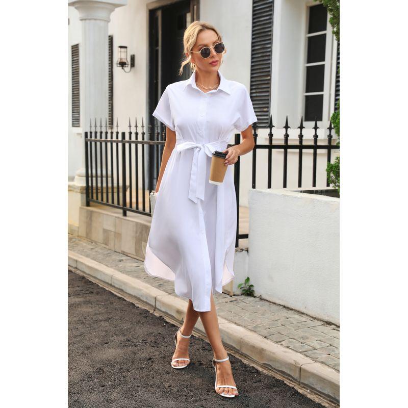European and American Commuters' Young Polo Collar Single Breasted White Elastic Waistband Lace-up Split Short Sleeve Dress Women Dress