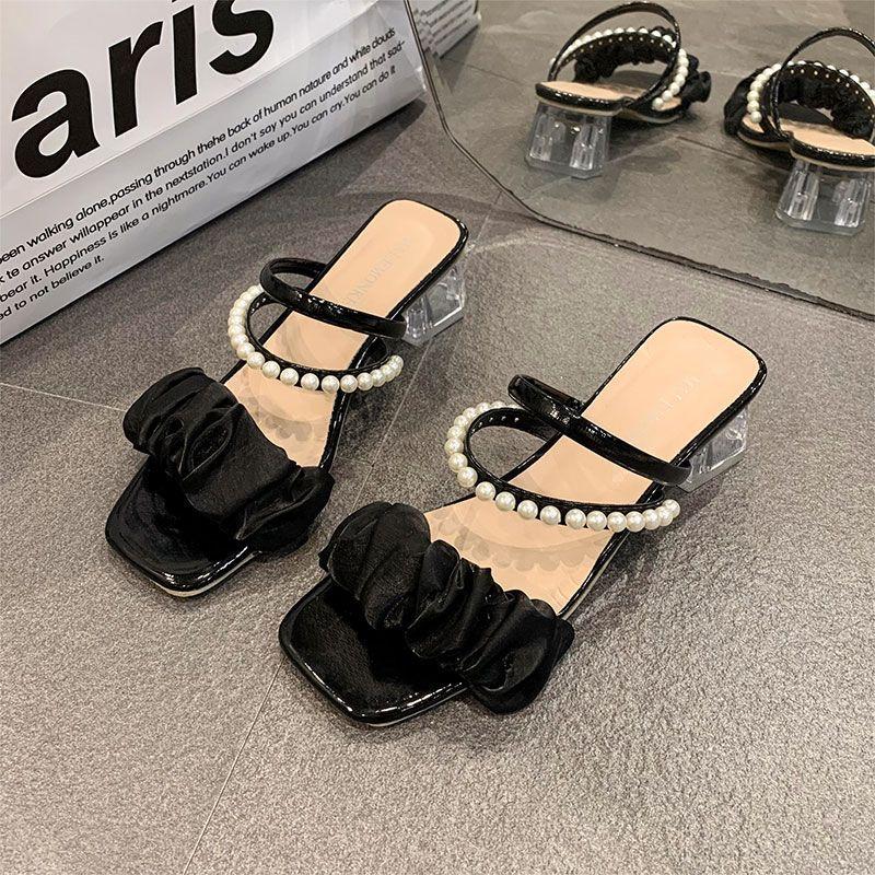 Cool Slippers Women's New Summer Medium Heel Thick Heel Versatile Outer Wear Pearl Two Wear Sandals