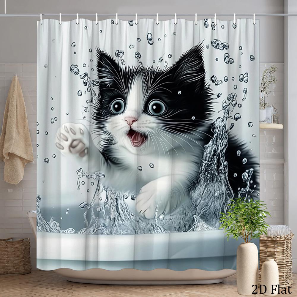 Splashing Cat Shower Curtain Kitten Playing In Water Print Waterproof Polyester Bathroom Decor Bath Curtain