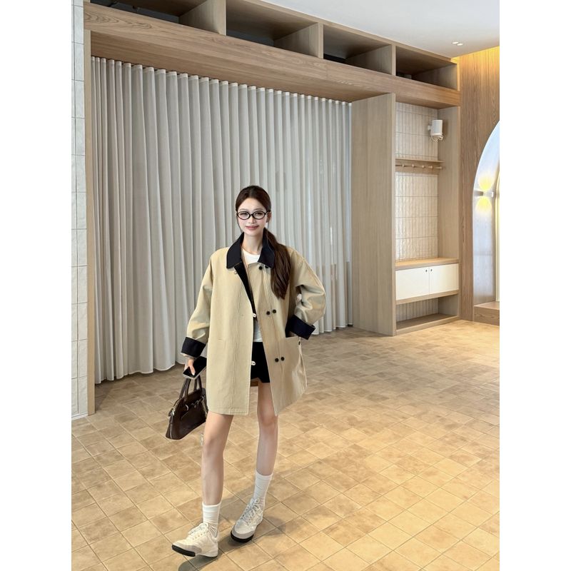 

Kumikumi British Style Retro Contrast Color Lapels Long Sleeve Trench Coat Female Autumn Loose Slim Fit Versatile Top Khaki Outwear One size