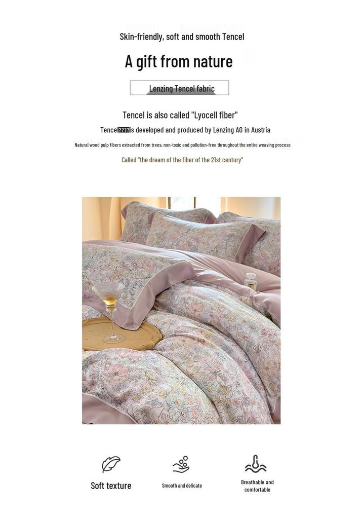 New 60s Lyocell Cool Feel Digital Print 4-Piece Bedding Set: Duvet Cover & Bed Sheet for 1.8m Bed