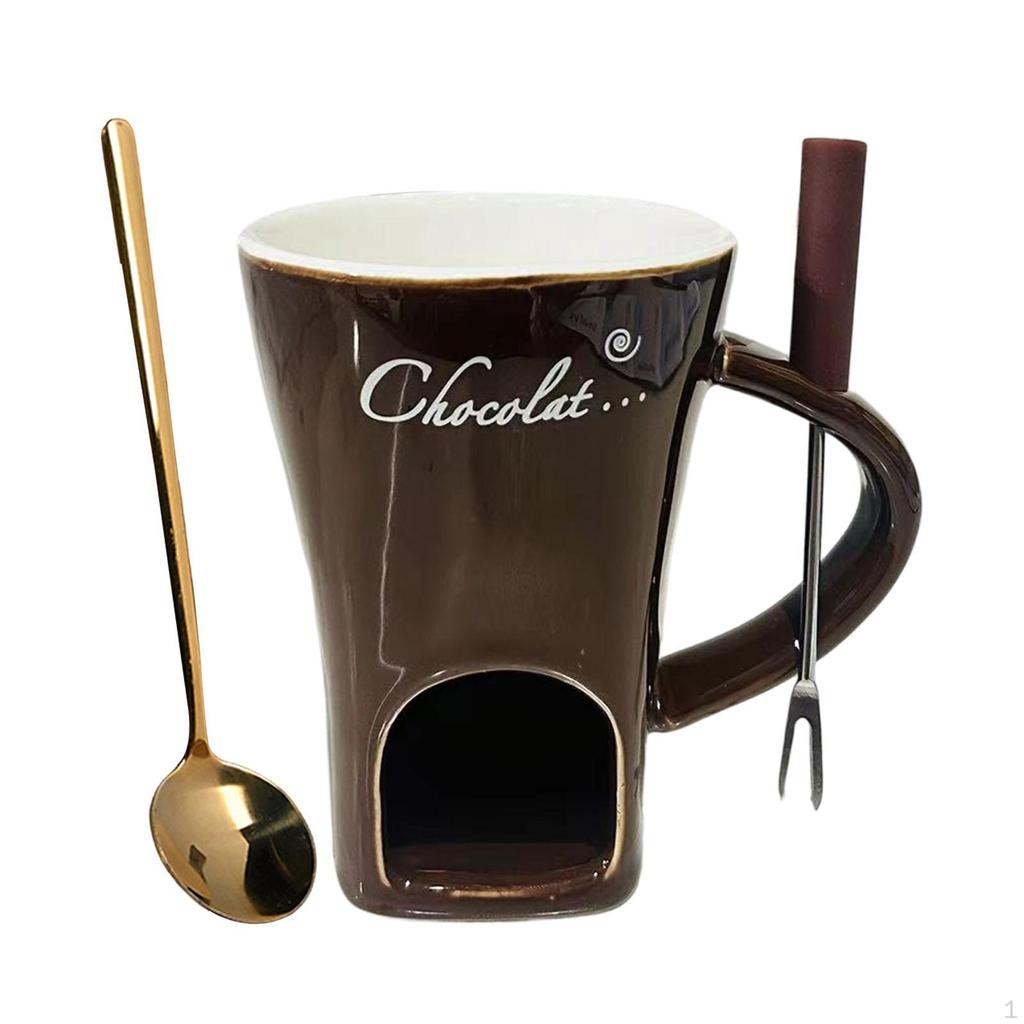Ceramic Fondue Mug with Heat, Cheese Fork And Spoon for Melting Candy, Butter, Caramel -