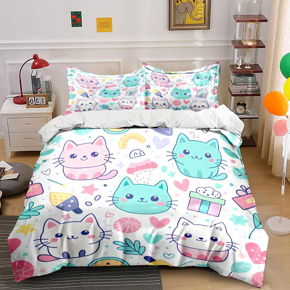 Cute Cartoon Cats Home Decor Soft Skin-Friendly Bedding Set Includes 1 Duvet Cover And 2 Pillowcase, Gift
