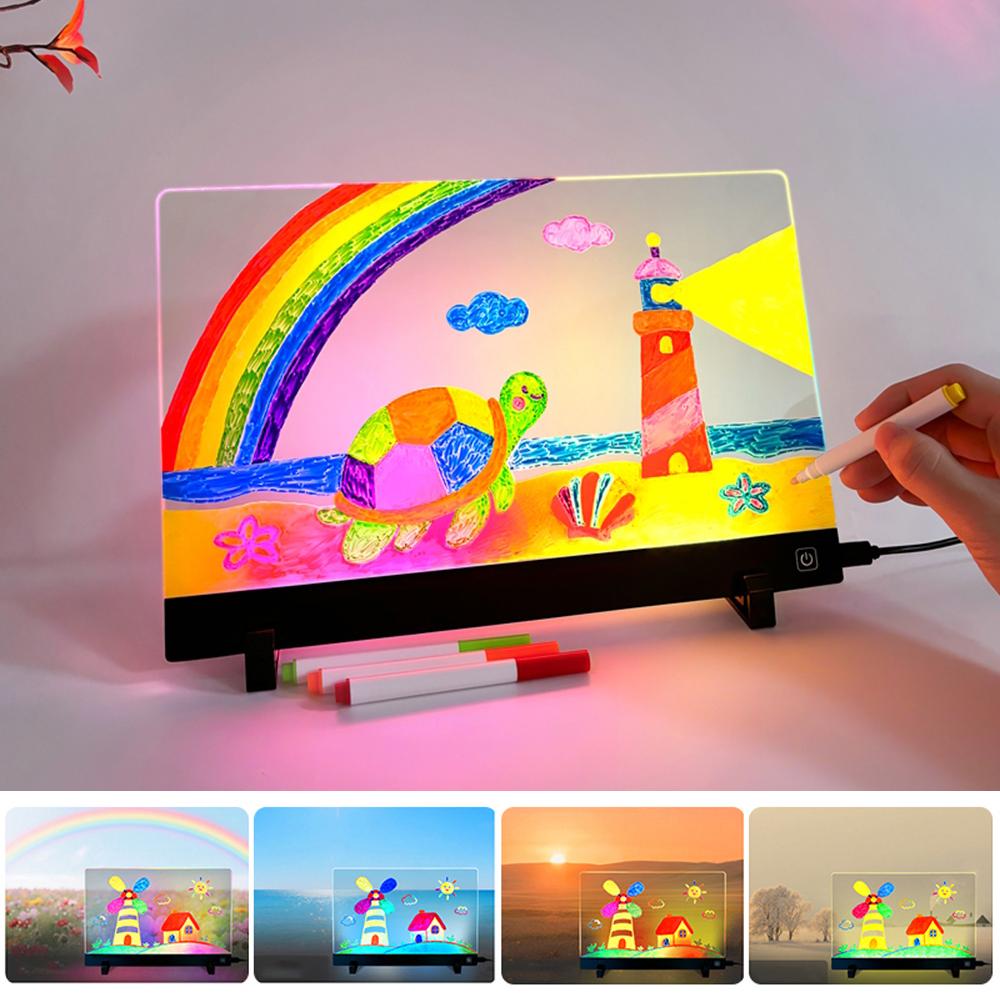 LED Drawing Board for Kids Gift, 20 X 30cm USB Powered Erasable Acrylic Illuminated Writing Tablet with Stand and Color Pencils