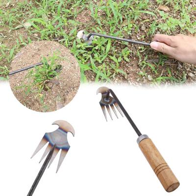 Strumento per diserbo Manico lungo in legno Testa appuntita Raccolta di erbacce Dispositivo per diserbo in acciaio inossidabile per risparmiare manodopera Sradicamento del giardino Attrezzo per erba da giardinaggio Diserbatore