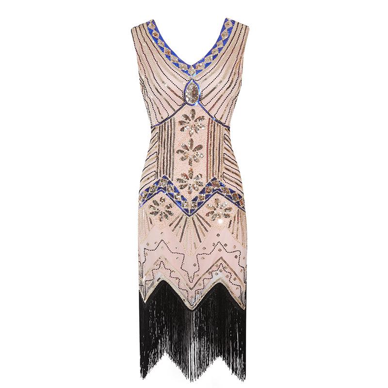Retro Sequined Beaded Dress Front and Rear Deep V-neck Fashionable Fringed Dress, Popular Evening Dress