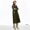 Womens Olive Green Croc PU Leather Trench Coat Double Breasted Lapel Longline Oversized Streetwear