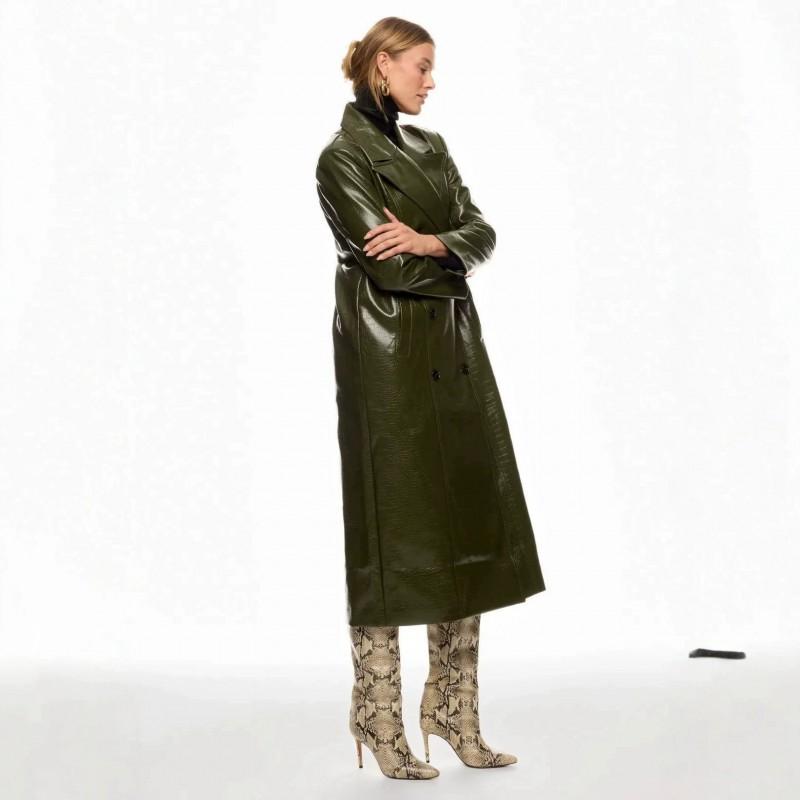 Womens Olive Green Croc PU Leather Trench Coat Double Breasted Lapel Longline Oversized Streetwear