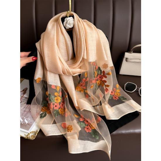 Spring and Autumn Bead Simulation Silk Scarf Female Elegant Versatile Embroidered Begonia Flower Long Scarf Summer Sunscreen Scarf