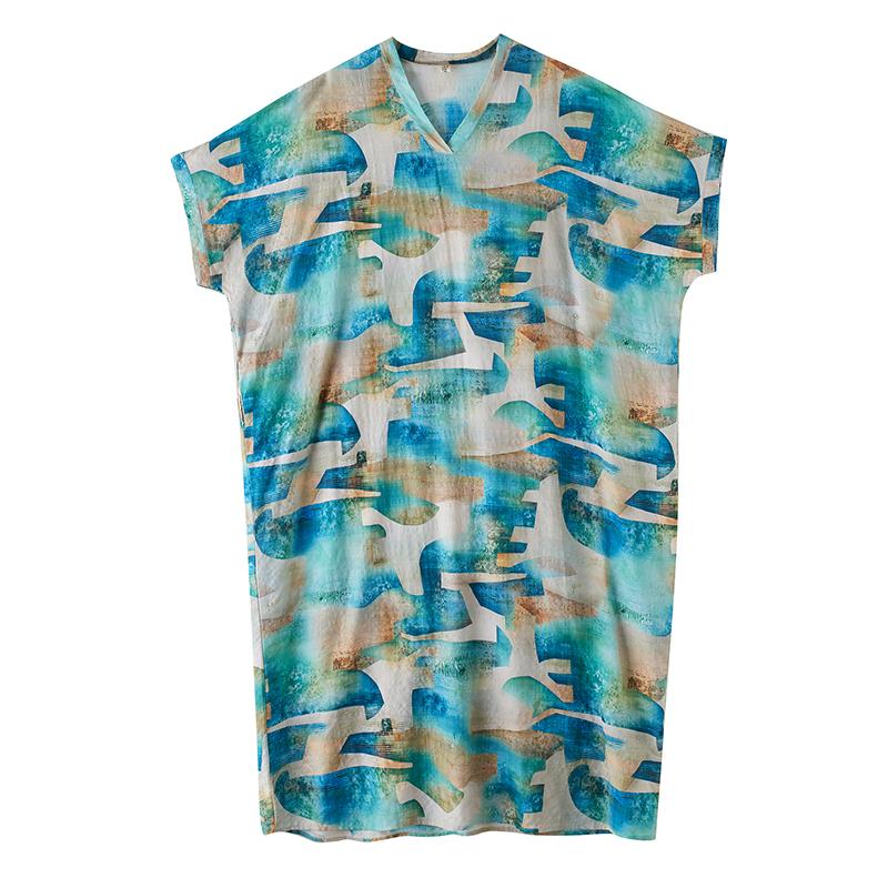 DIMANAF 2025 Lato Plus Size Nowa Sukienka Kobiety Vintage Długa Codzienna Luźna Podstawowa z Nadrukiem Dekolt w Serek Sukienka Maxi