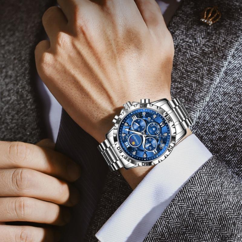 Men’s Quartz Watch Waterproof Luminous High-End Casual Wristwatch for Men Fashion Luminous Dial Calendar Stainless Steel Band