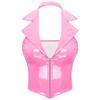 Womens Shiny Patent Leather Vest Halter Lapel Backless Deep V Neck Slim Fit Waistcoat Sexy Nightclub Wear