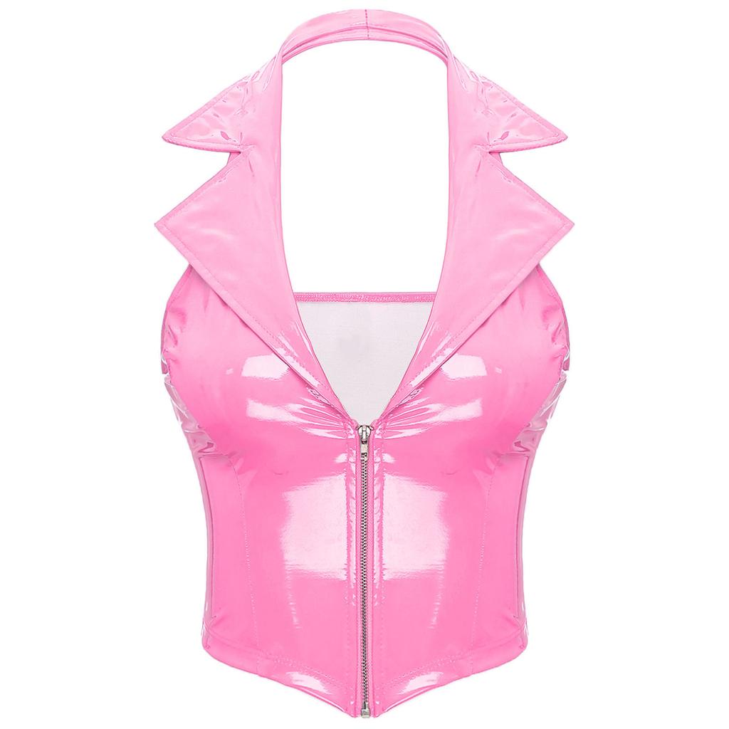 Womens Shiny Patent Leather Vest Halter Lapel Backless Deep V Neck Slim Fit Waistcoat Sexy Nightclub Wear
