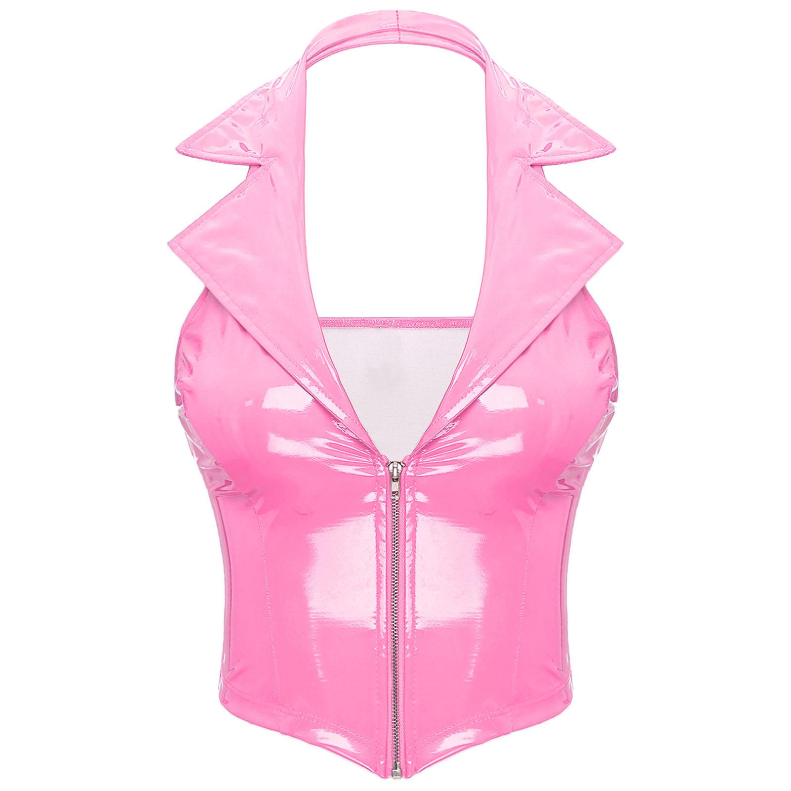 

Womens Shiny Patent Leather Vest Halter Neck Notch Lapel Backless Design Deep V Neckline Front Zipper Slim Waistcoat for Nightclub Parties L рожевий