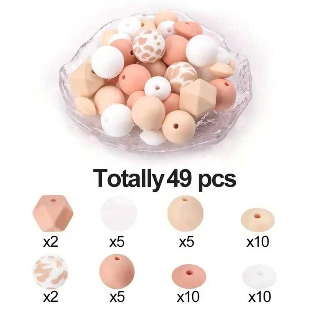 49PCS Bohemian style printed silicone beads, suitable for DIY handicrafts, creative keychains, bracelets, necklaces, etc