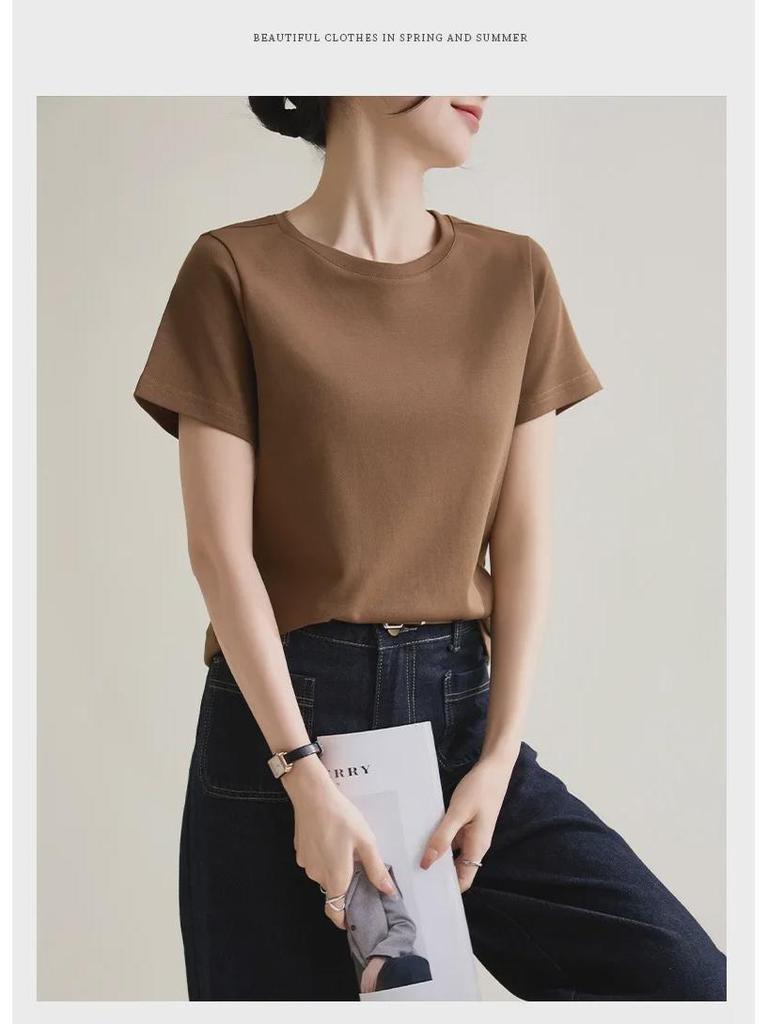 Ice-Feel Slim Fit Cotton Round Neck T-Shirt, Solid Color, Short-Sleeve, Women's 2025 Spring/Summer Collection