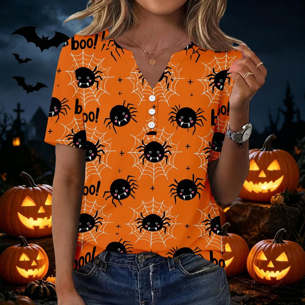 Women's Casual Halloween Print V Neck Short Sleeve Button Front T Shirt Lightweight Top for Everyday Wear