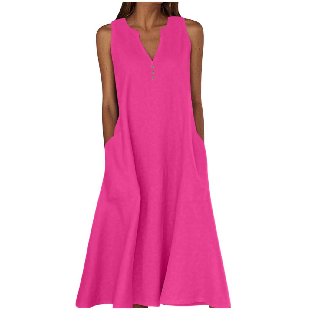 Dame Sommer Casual V-hals Knapper Ensfarget Ermeløs Lang Kjole Med Lommer