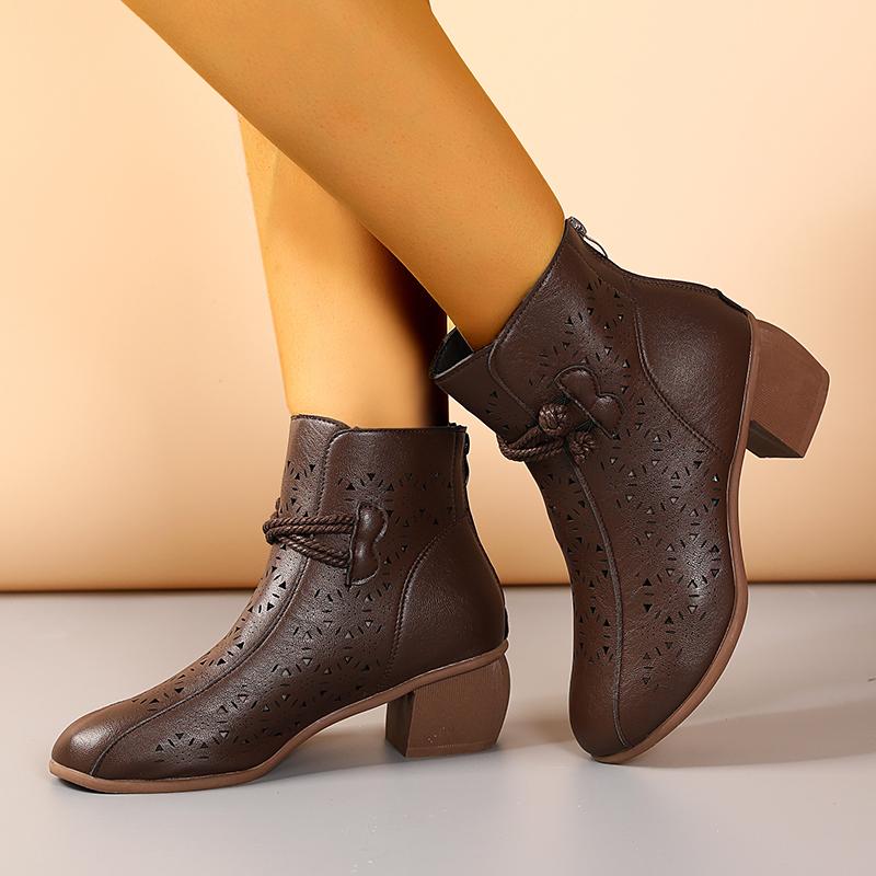 Summer Women's Fashion Hollow-Out Soft Sole Mid-Heel Ankle Boots, Retro Breathable Comfortable Shoes