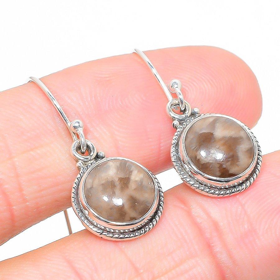 Natural Fossil Coral Gemstone 925 Solid Sterling Silver Gift Earring 1.25" b3k83