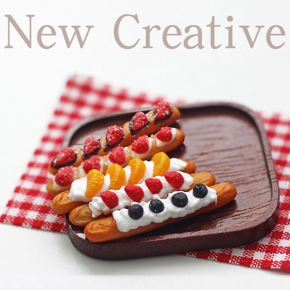 Moin Moin Miniature Sweets Set (5 Pieces) + Plate + Wooden Tray + Silver Cutlery Set (2 Sets)  16 112 Scale Cafe Bread Realistic Desserts with