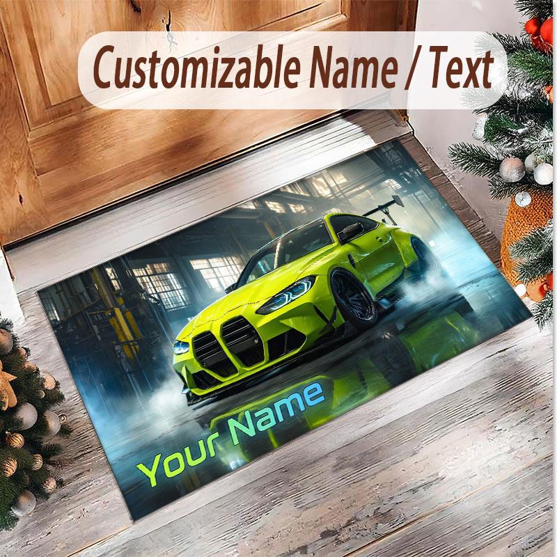 Car Racing Theme Soft Crystal Velvet Rug Custom Name & Text Print Non Slip Floor Rug for Bedroom Living Room