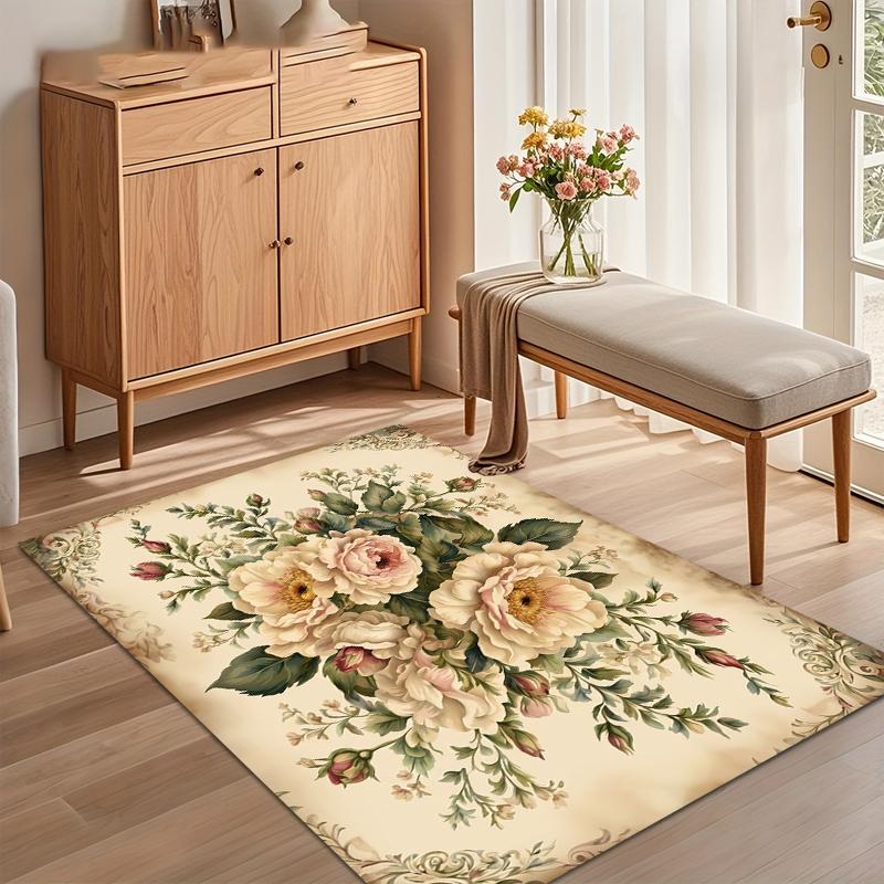 1pc Vintage Floral Area Rug Non Slip Washable Mat for Bedroom French Home Decor Aesthetic Shabby Chic Bedroom Home Decor
