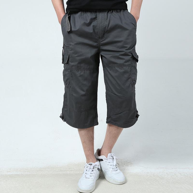 

Fashion Men Breathable Pants Color Straight Solid Pocket Trousers Summer Men s Casual Cargo Short Pants Loose Fit Below Knee L сірий