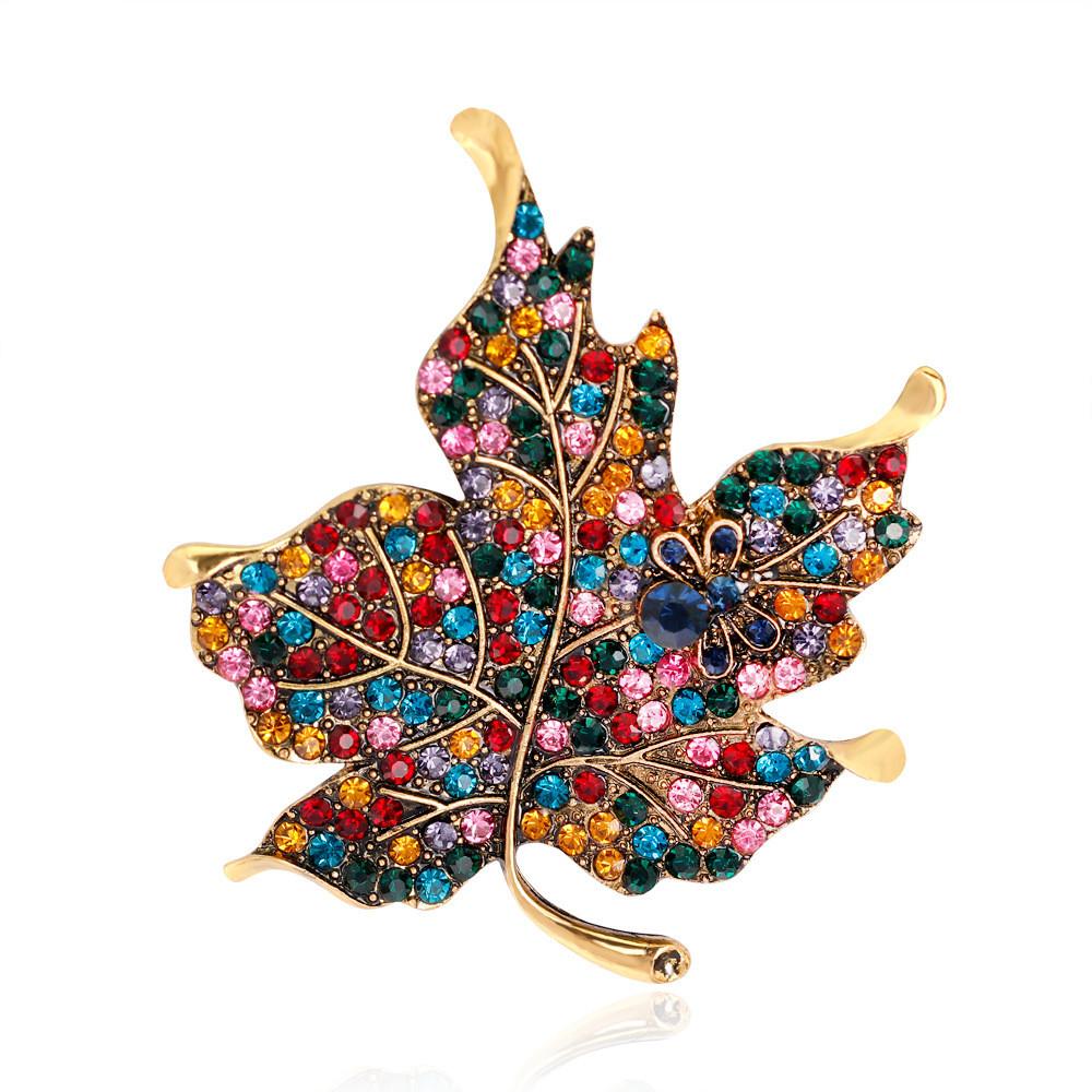 

Retro Leaf Brooch With Colored Crystals For Women Fashion Jewelry
