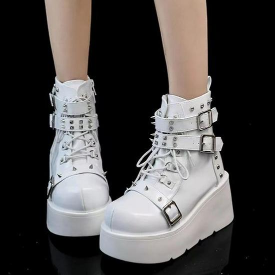 Demonia Thick-Soled Round-Toe Boots with Buckle and Lace-Up Design