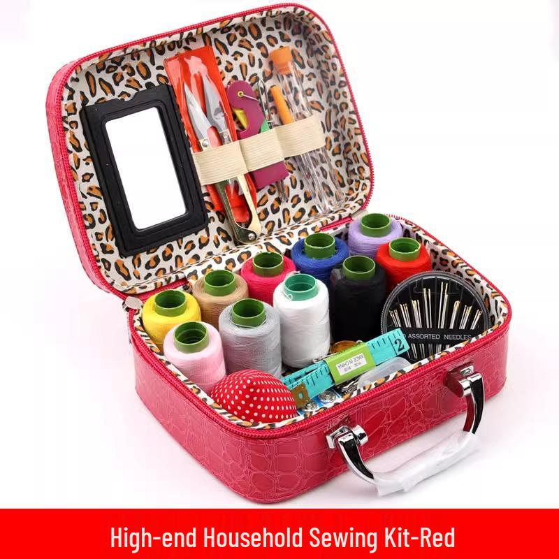 Sewing Kit with Thread, Needle, and Cross-stitch Tools in Solid Wood Pouch