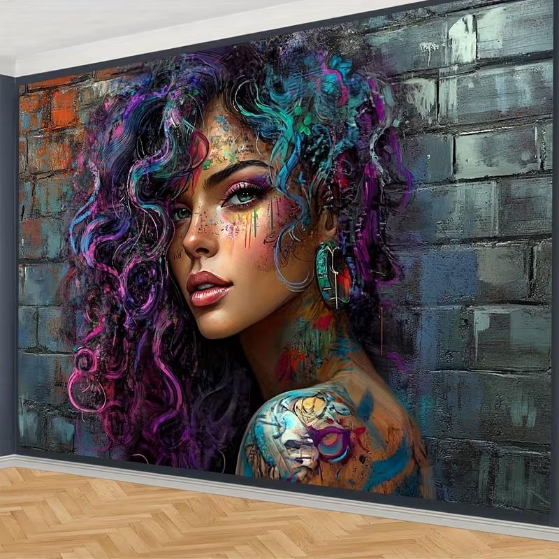 2D Flat Printing Graffiti Style Woman Portrait Tapestry, Urban Street Art Wall Decor 47.2x31.5inch/120*80cm