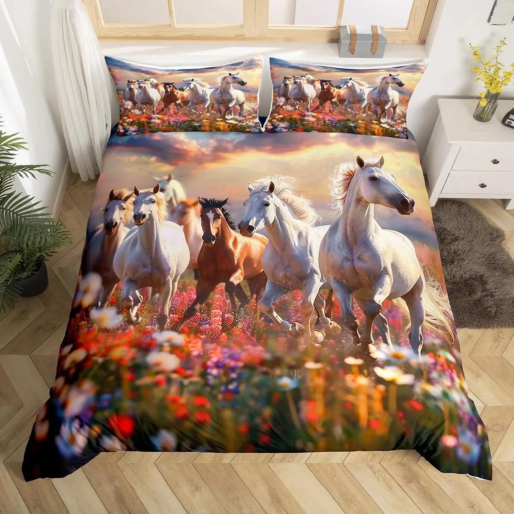 Cherry Blossom Horse Comforter Cover Twin for Kids Boys, Wild Animal Bedding Set Galloping Horse Duvet Cover with 2 Pillowcase