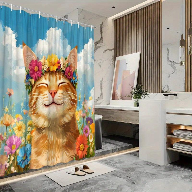 

Шторка для душа «Рыжий кот в цветочном венке» - Причудливый дизайн луга, Полиэстер, 12 крючков, 70,8x70,8 дюйма, Стирка, Сушка на веревке W90XH180cm