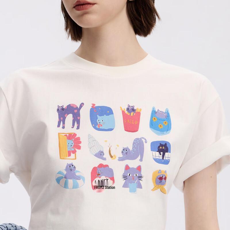 Langzi 25 October Cotton Cat Print Short Sleeve T-Shirt