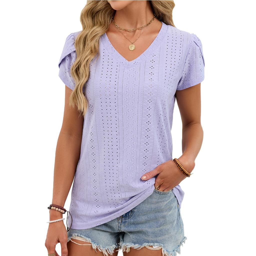 Summer Solid Color V-neck Tile Sleeve Loose Short Sleeve T-shirt Women's Tops Leisure Europe USA