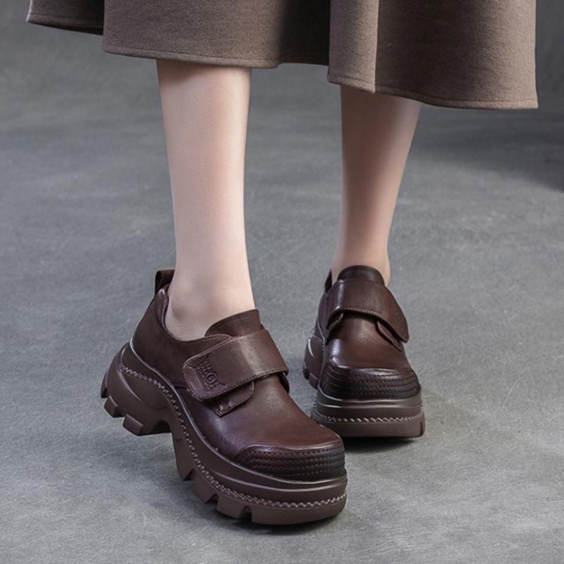 Johnature Chaussures Rétro à Bout Rond et Semelles Épaisses en Cuir Véritable Décontractées à Crochets et Boucles Chaussures à Plateforme pour Femmes