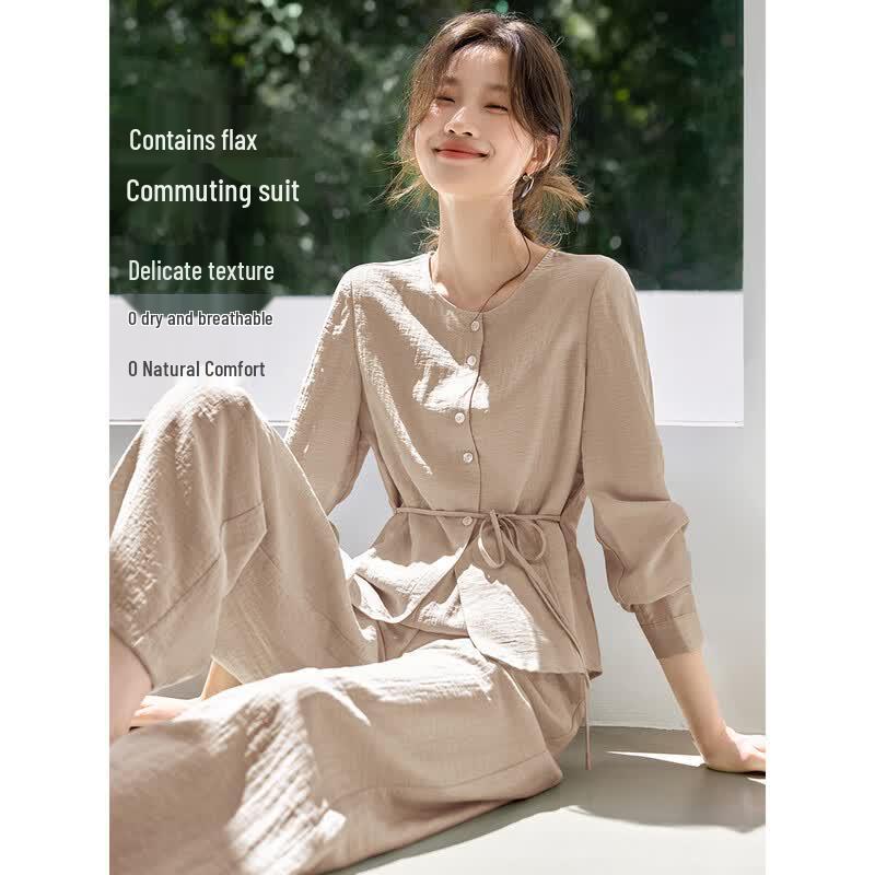 

Women s Linen Blend Round Neck Long Sleeve Two-Piece Set M