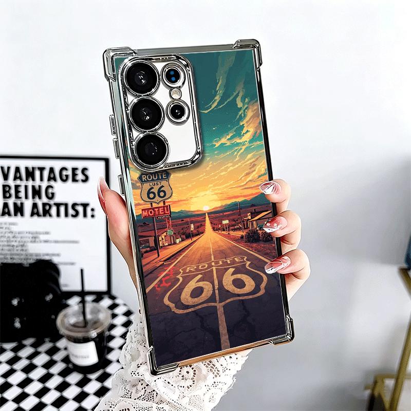 America Route 66 Plating Phone Case For Samsung Galaxy S24 S25 FE S26 Edge S23 Ultra S22 S21 Plus S20 Anti-Fall Airabag Cover