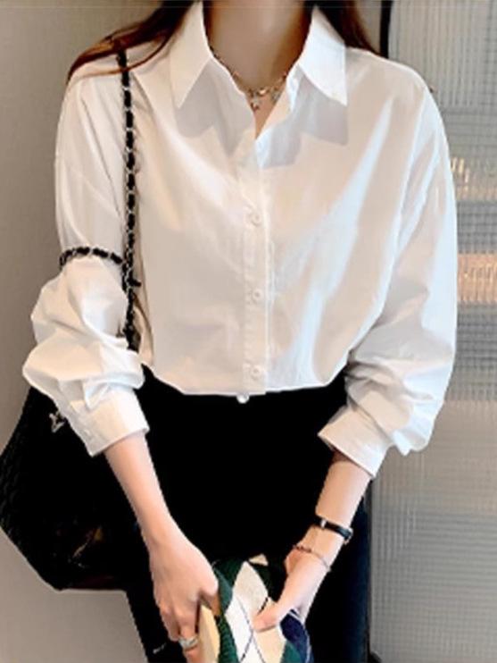 Women's White Long Sleeve Versatile Retro Work Shirt