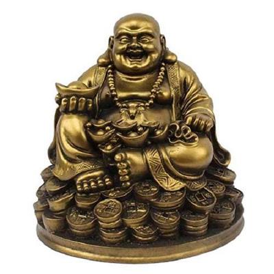Resin Fengshui Figurine Laughing Buddha Sitting On Luck Money Coins Carrying Golden Ingot for Good Luck & Happiness