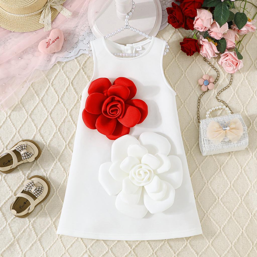 Girls' Light Luxury Dress Three-dimensional Red and White Flower Vest Dress Baby Sweet Banquet Outgoing Dress
