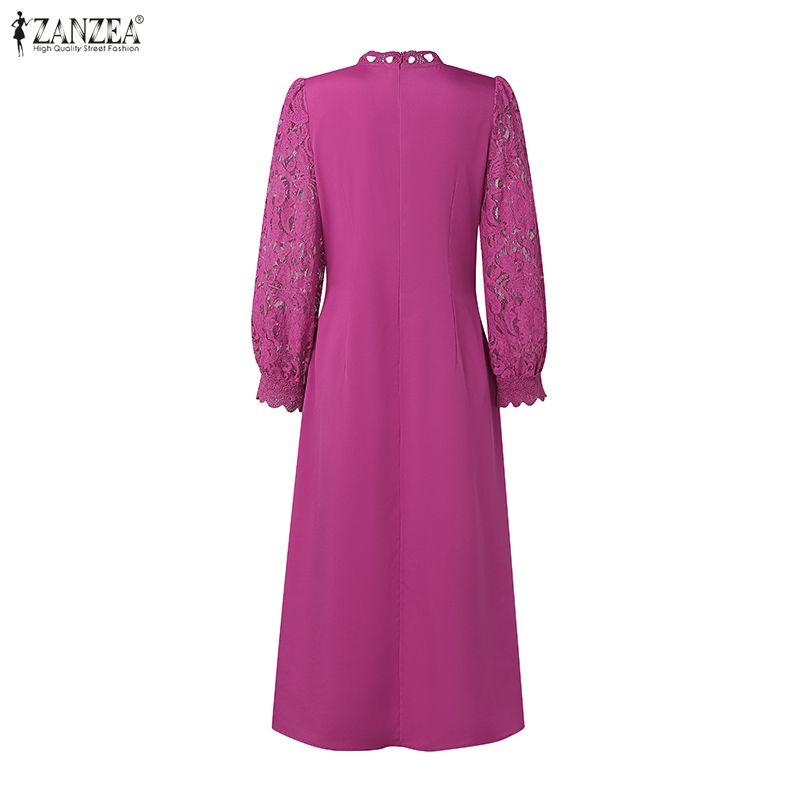 ZANZEA Women Casual Stand Collar Long Sleeve Lace Crochet Patchwork Long Dress