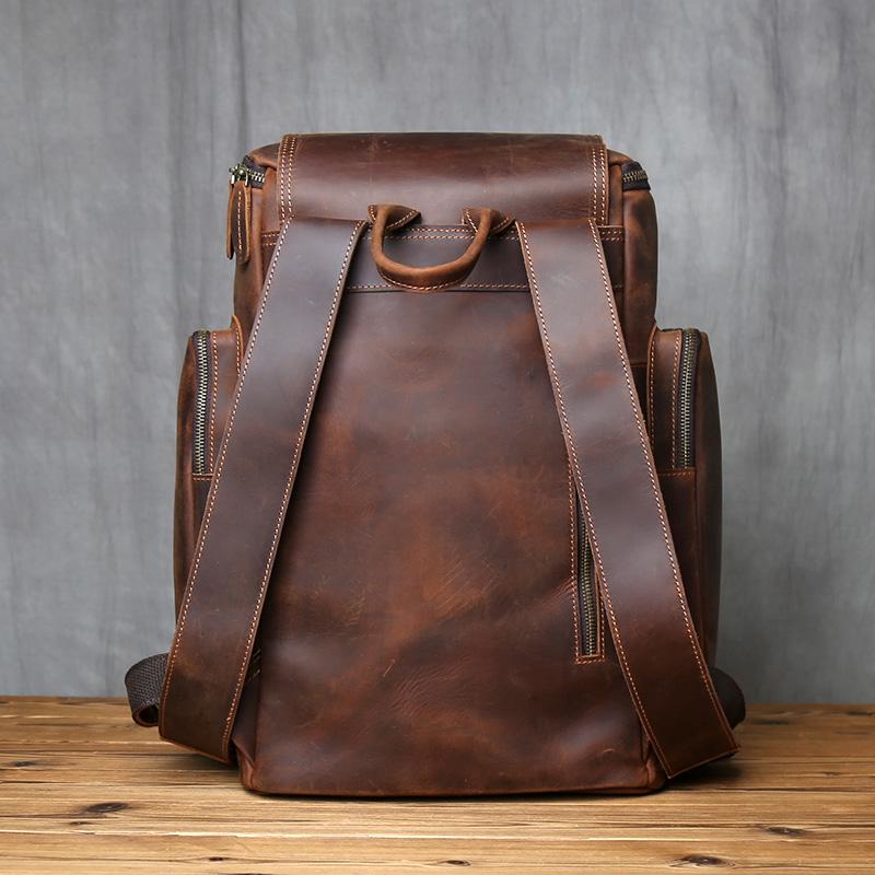 NZPJ Men's Retro Large Capacity Leather Backpack Genuine First Layer Natural Cowhide Travel Laptop Bag