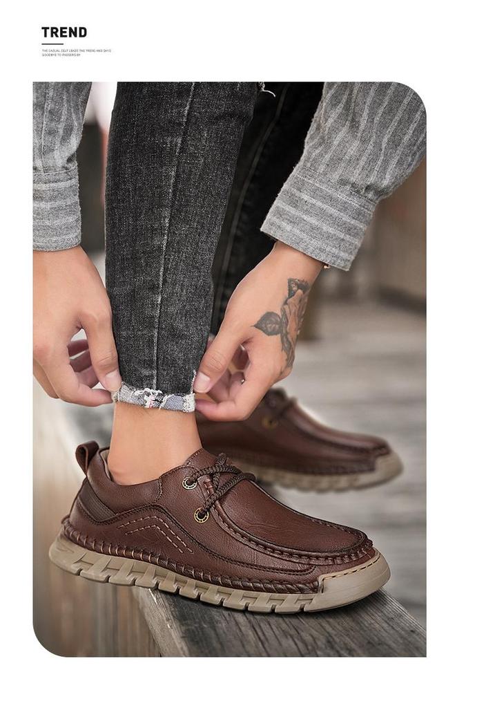 Men's Autumn Hand-Stitched Leather Driving Shoes - Large Size, Low-Top, Lace-Up, Flat Sole