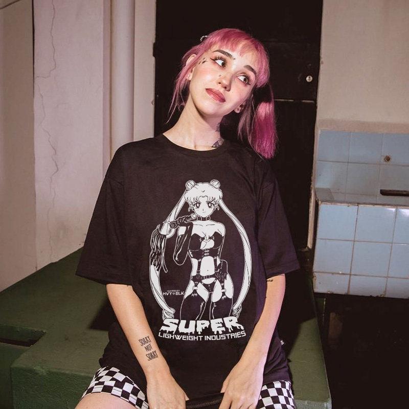Japanese Vintage Dark Water Ice Moon Beauty Girl Warrior Pure Cotton Ins Anime Men and Women Summer Short Sleeve Tee XL