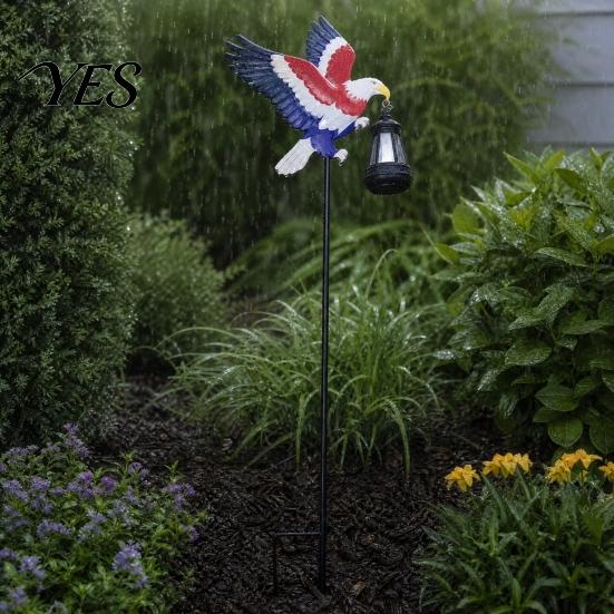 Solar Eagle Garden Stake American with Lantern, 250th Anniversary Yard Art Stake, 4th Outdoor of July Metal Decoration for Lawn Patio Porch