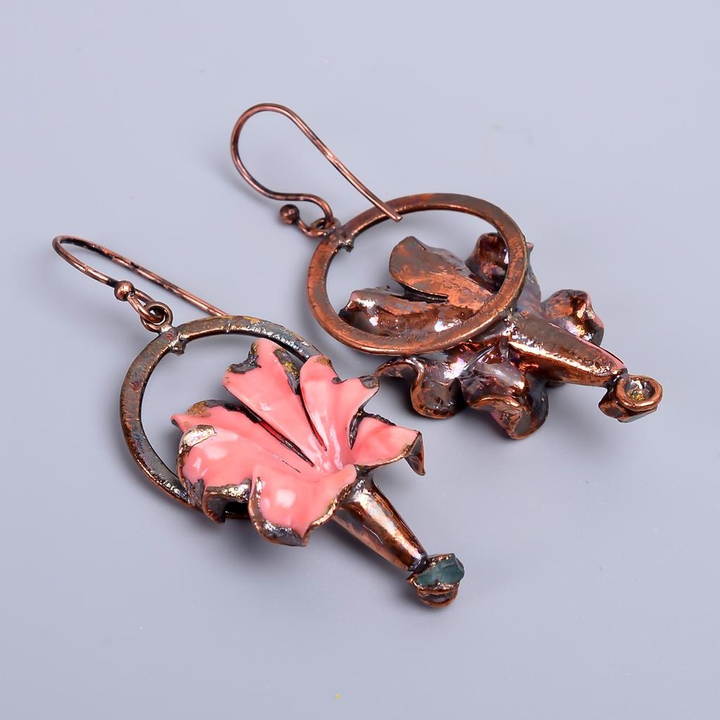 Opal Stone Dangling October Electroformed Hook Anniversary Gift Earrings Copper V-69